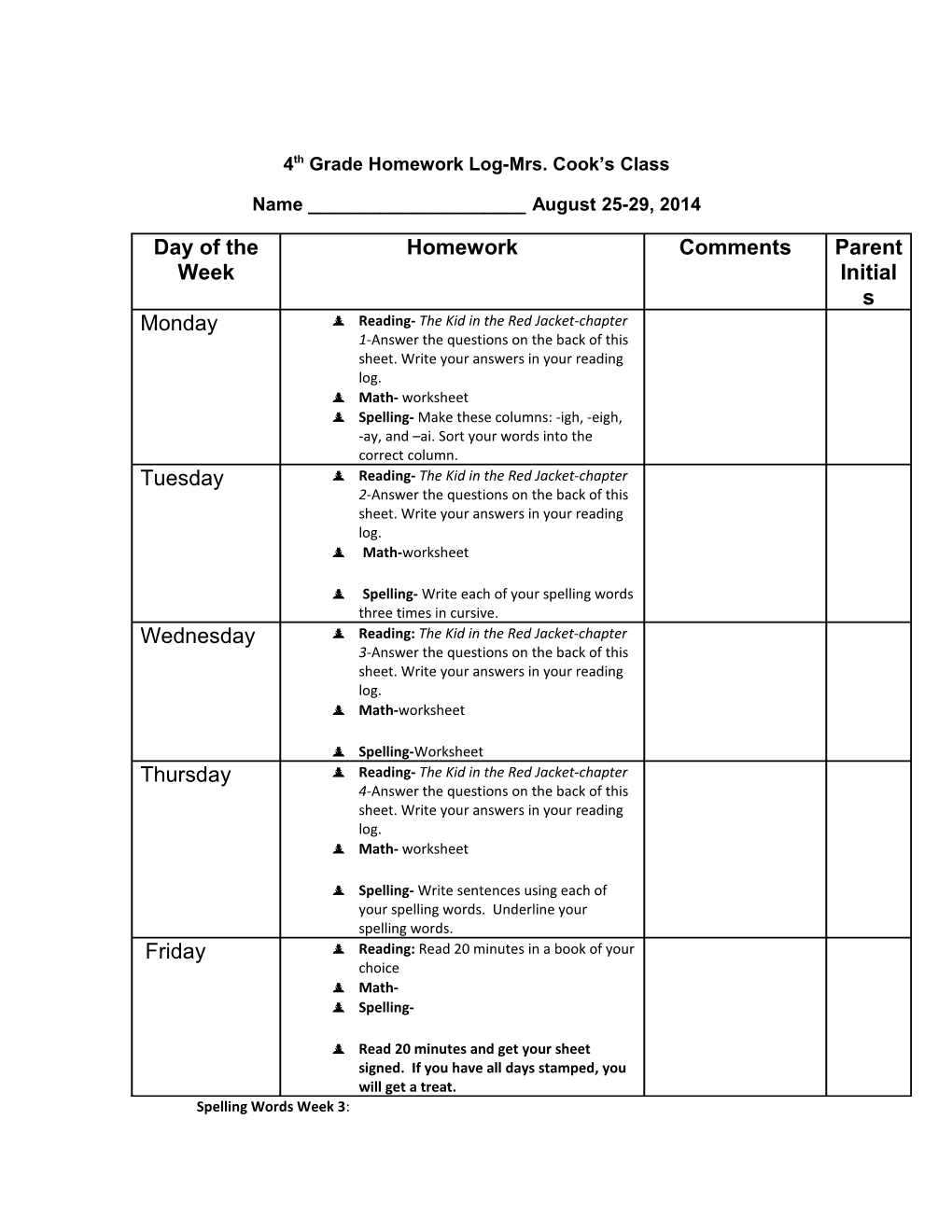 4Th Grade Homework Log s5