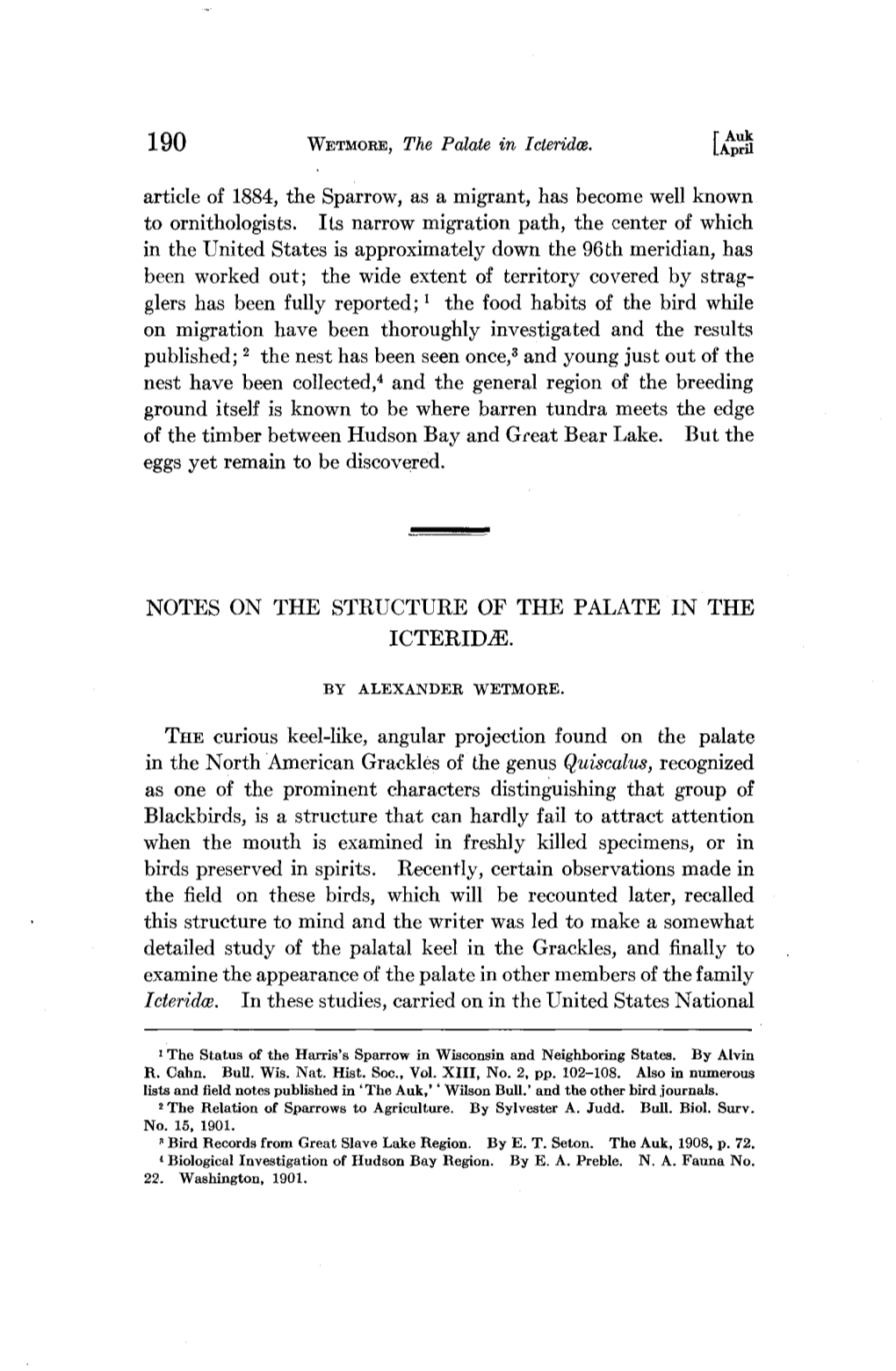 Notes on the Structure of the Palate in the Icterid[Ae]