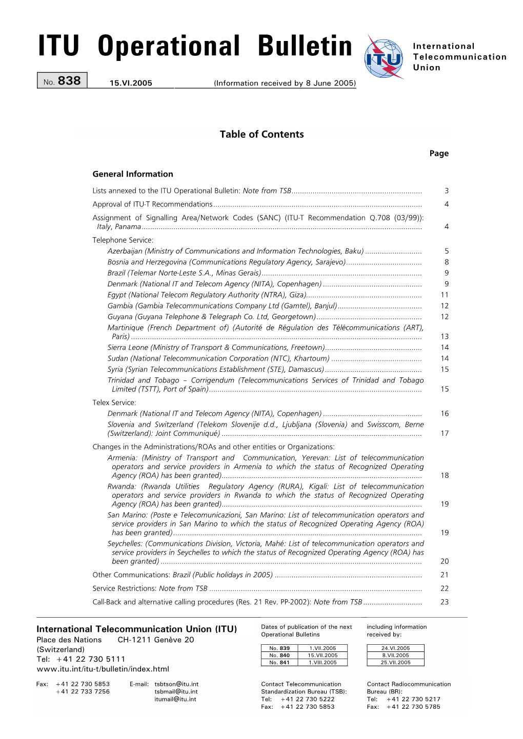 ITU Operational Bulletin Telecommunication Union