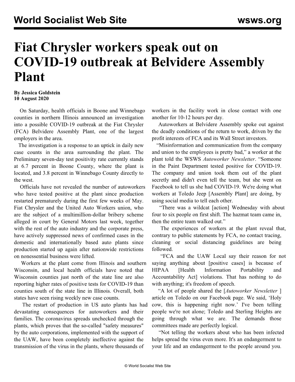 Fiat Chrysler Workers Speak out on COVID-19 Outbreak at Belvidere Assembly Plant