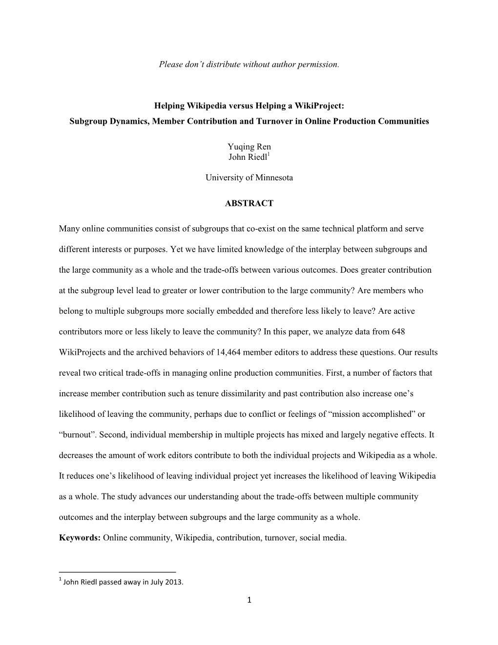 1 Please Don't Distribute Without Author Permission. Helping Wikipedia Versus Helping a Wikiproject: Subgroup Dynamics, Membe