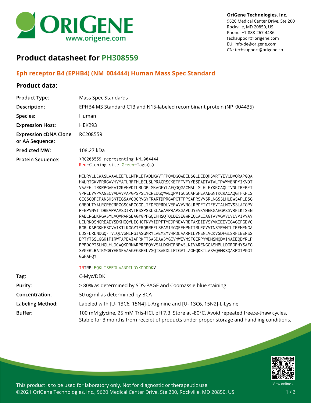 Eph Receptor B4 (EPHB4) (NM 004444) Human Mass Spec Standard Product Data