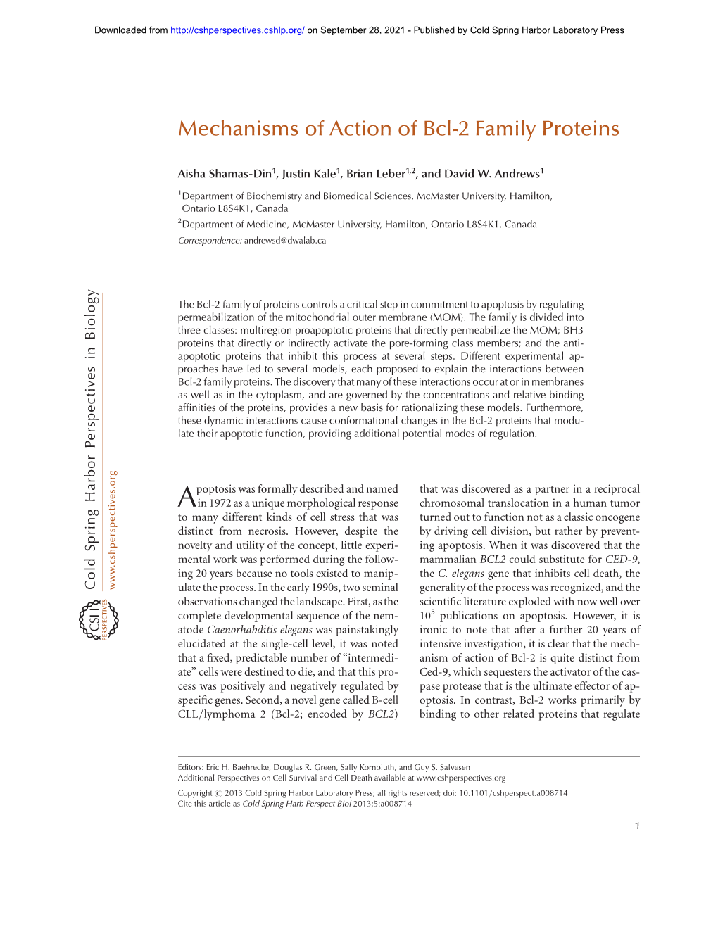 Mechanisms of Action of Bcl-2 Family Proteins