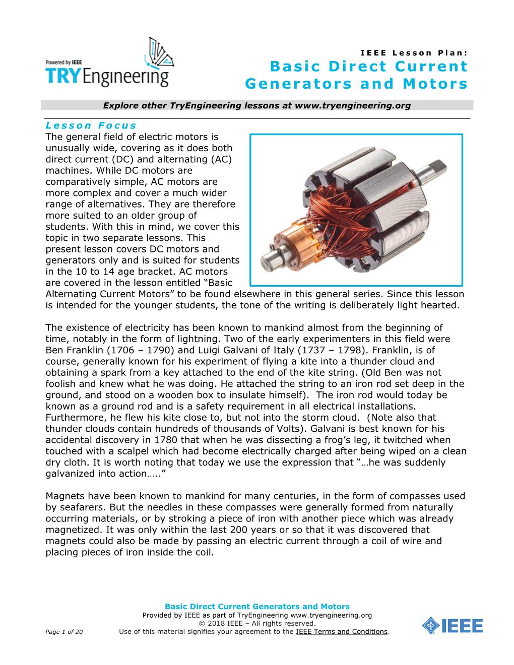 Basic Direct Current Generators and Motors Provided by IEEE As Part of Tryengineering © 2018 IEEE – All Rights Reserved