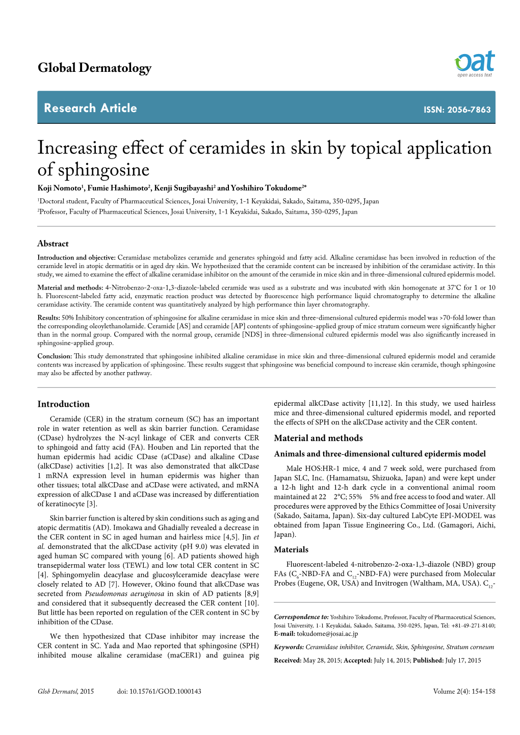 Increasing Effect of Ceramides in Skin by Topical Application of Sphingosine