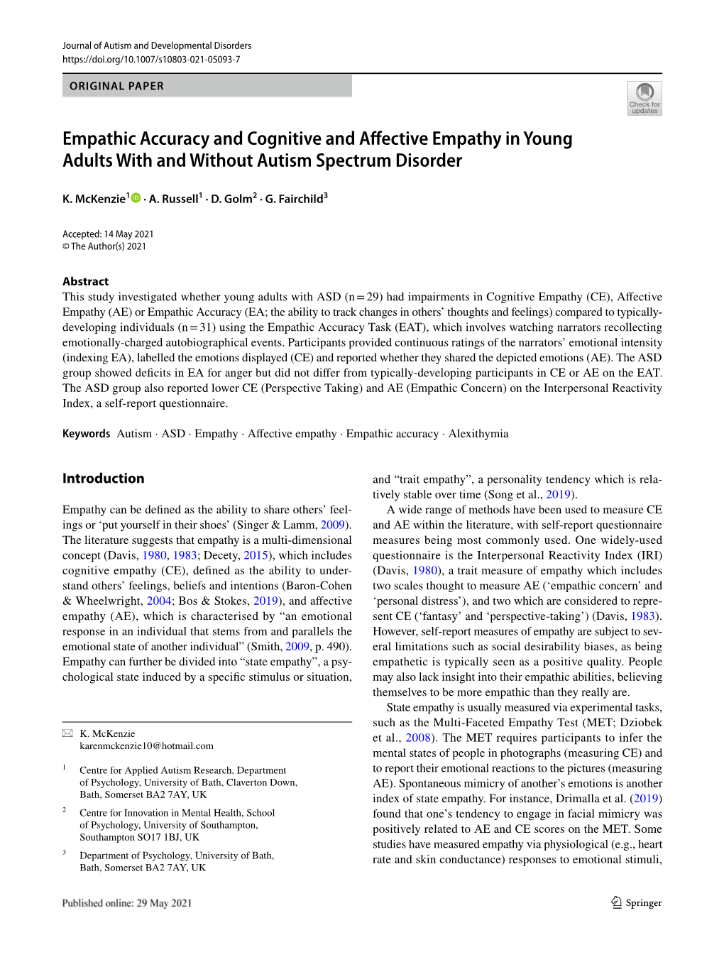 Empathic Accuracy and Cognitive and Affective Empathy in Young Adults with and Without Autism Spectrum Disorder