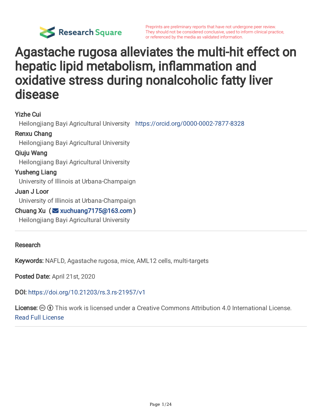 Agastache Rugosa Alleviates the Multi-Hit Effect on Hepatic Lipid Metabolism, Infammation and Oxidative Stress During Nonalcoholic Fatty Liver Disease