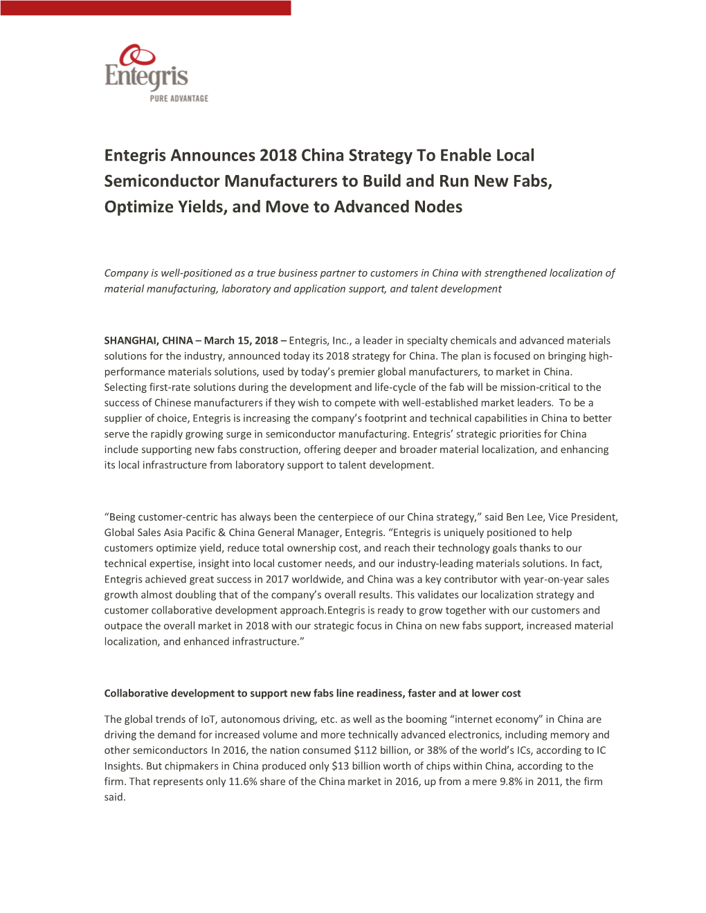 Entegris Announces 2018 China Strategy to Enable Local Semiconductor Manufacturers to Build and Run New Fabs, Optimize Yields, and Move to Advanced Nodes