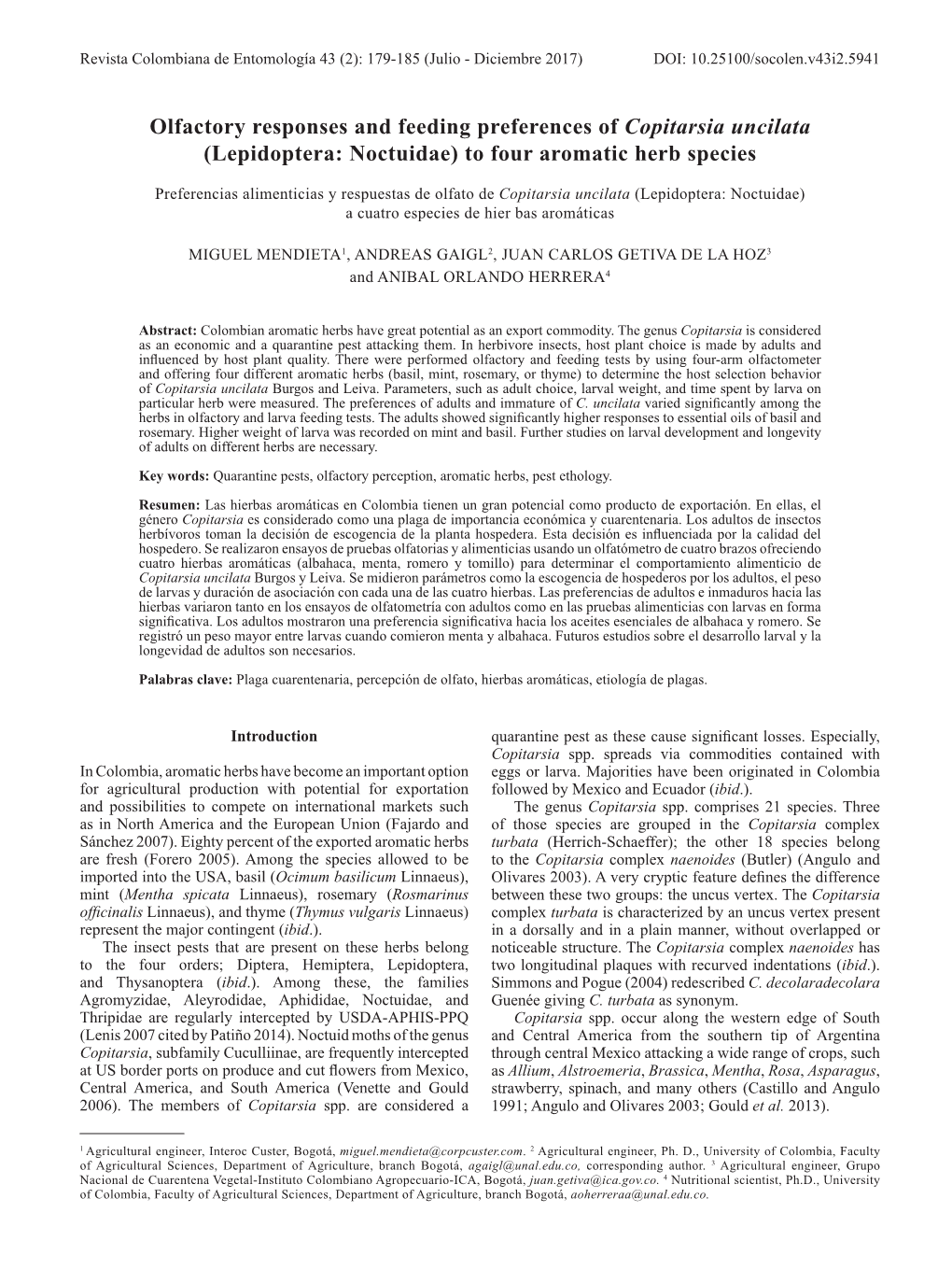 Olfactory Responses and Feeding Preferences of Copitarsia Uncilata (Lepidoptera: Noctuidae) to Four Aromatic Herb Species