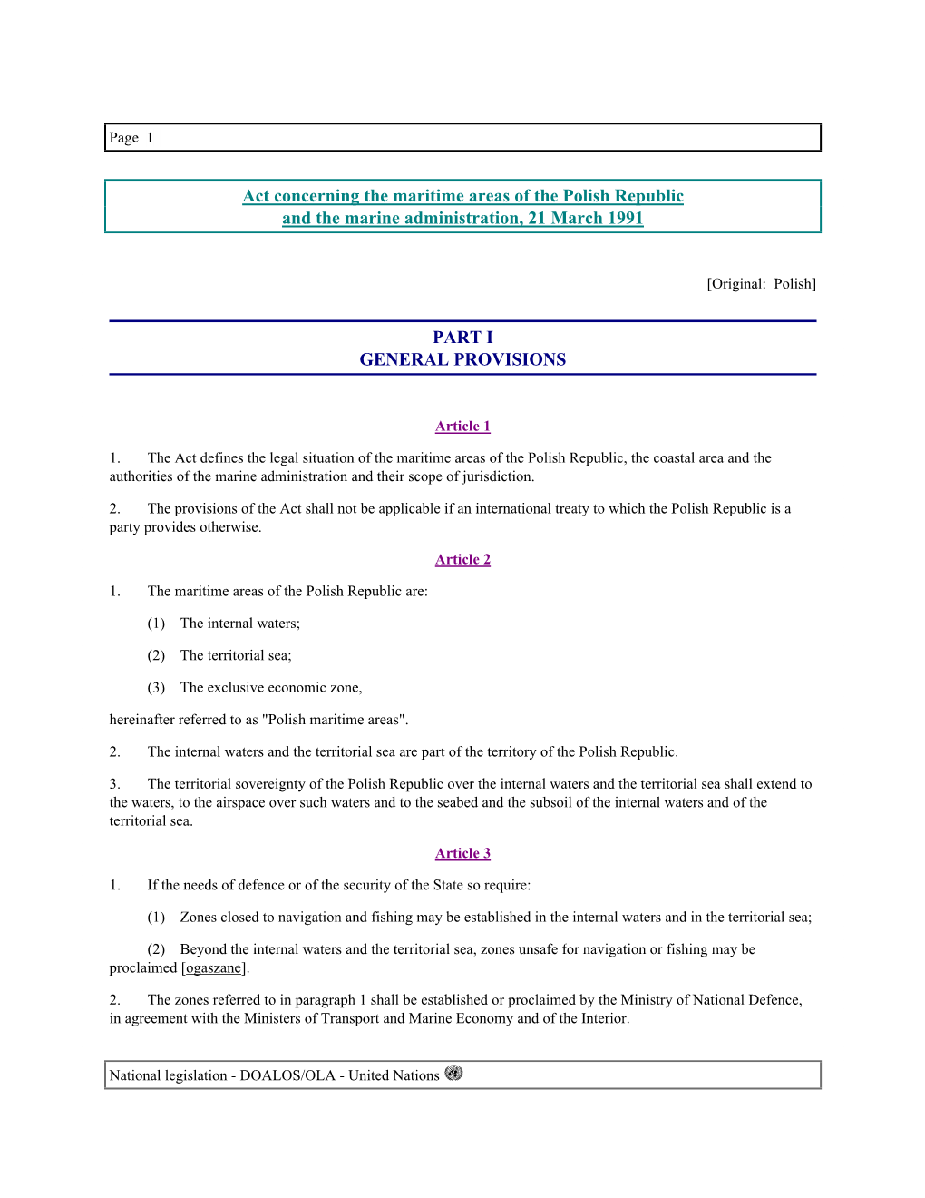 Maritime Areas of the Polish Republic and the Marine Administration, 21 March 1991