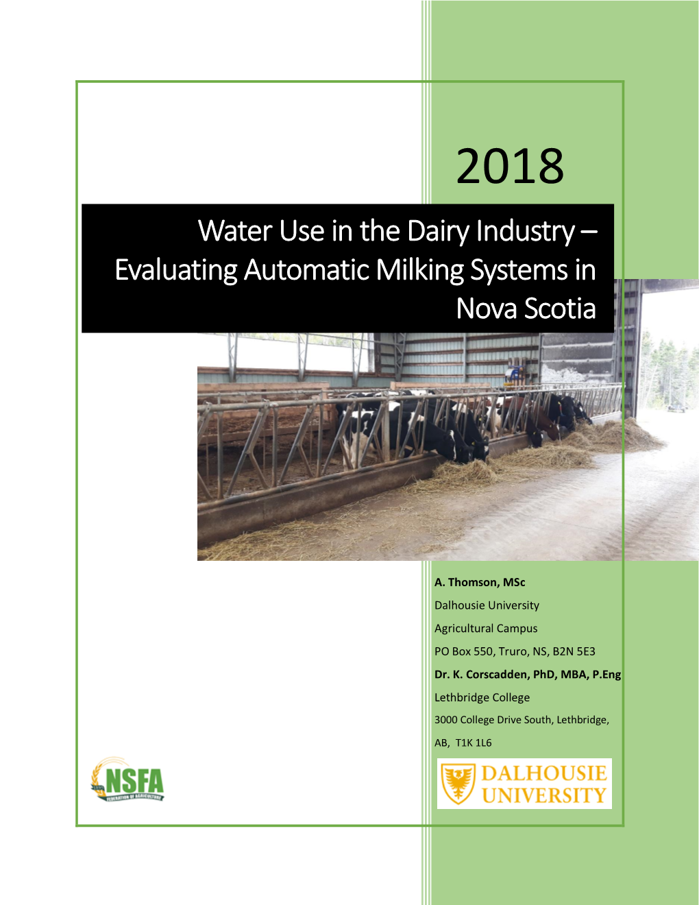 Water Use in the Dairy Industry – Evaluating Automatic Milking Systems in Nova Scotia