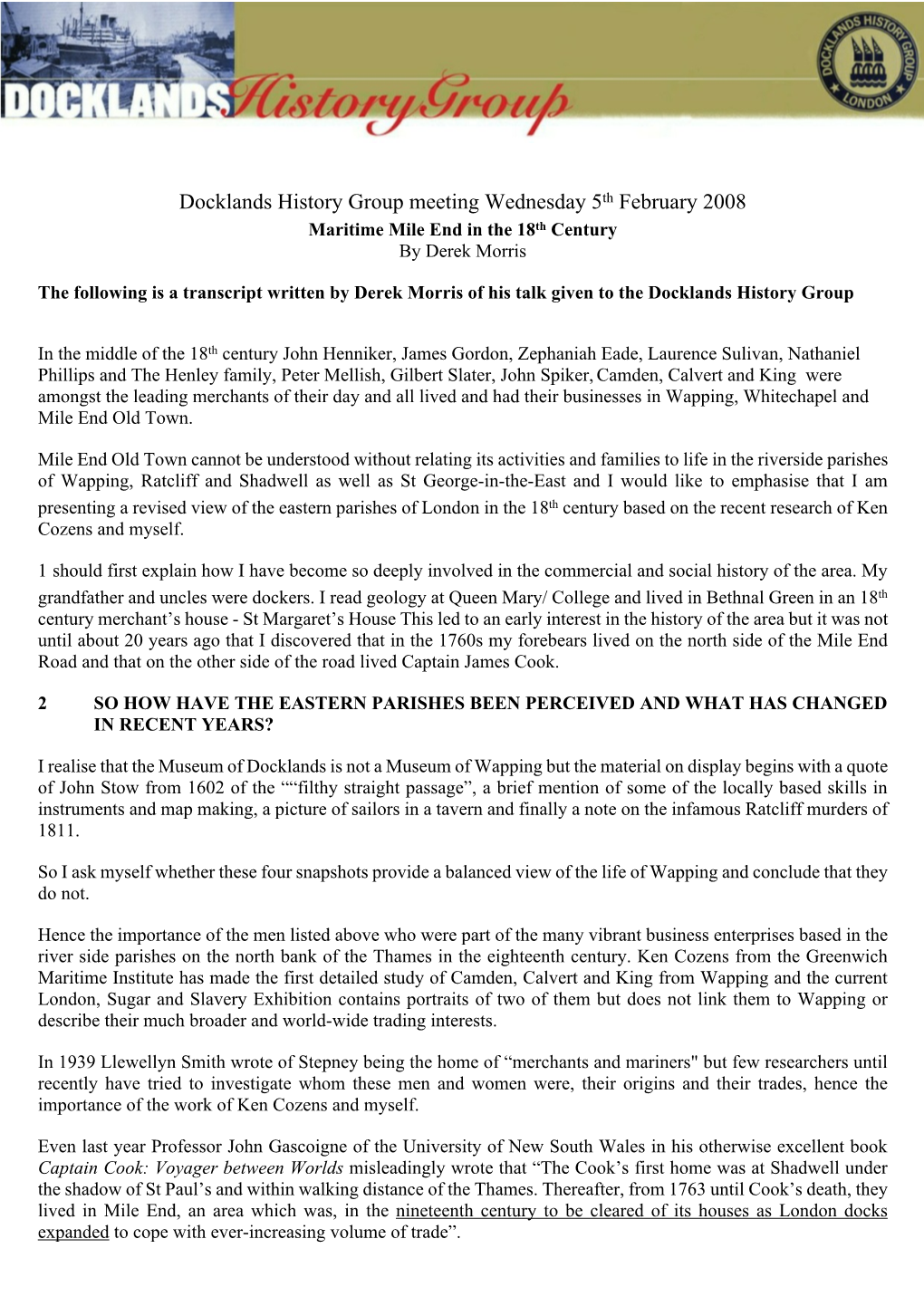 Docklands History Group Meeting Wednesday 5Th February 2008 Maritime Mile End in the 18Th Century by Derek Morris