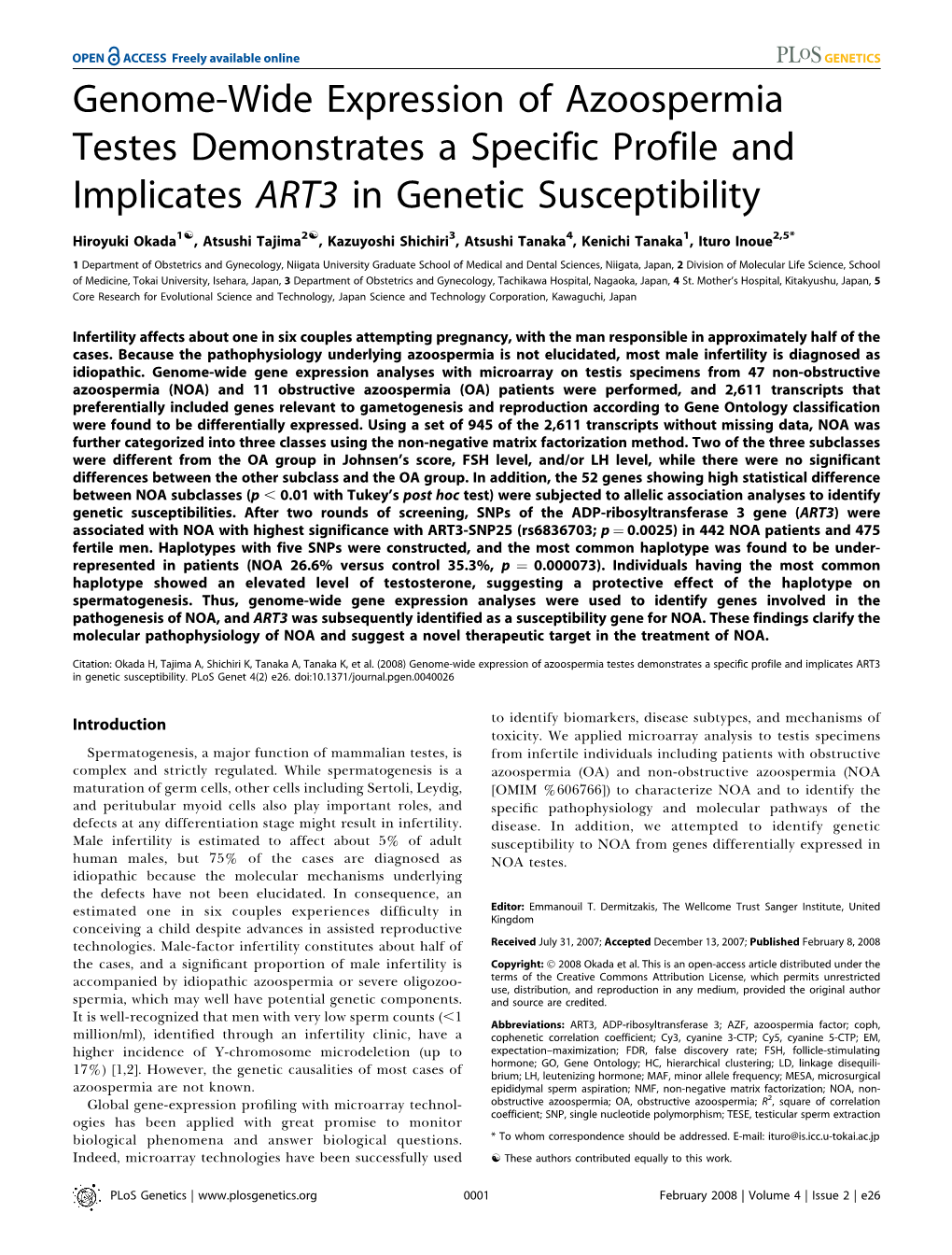 Genome-Wide Expression of Azoospermia Testes Demonstrates a Specific Profile and Implicates ART3 in Genetic Susceptibility