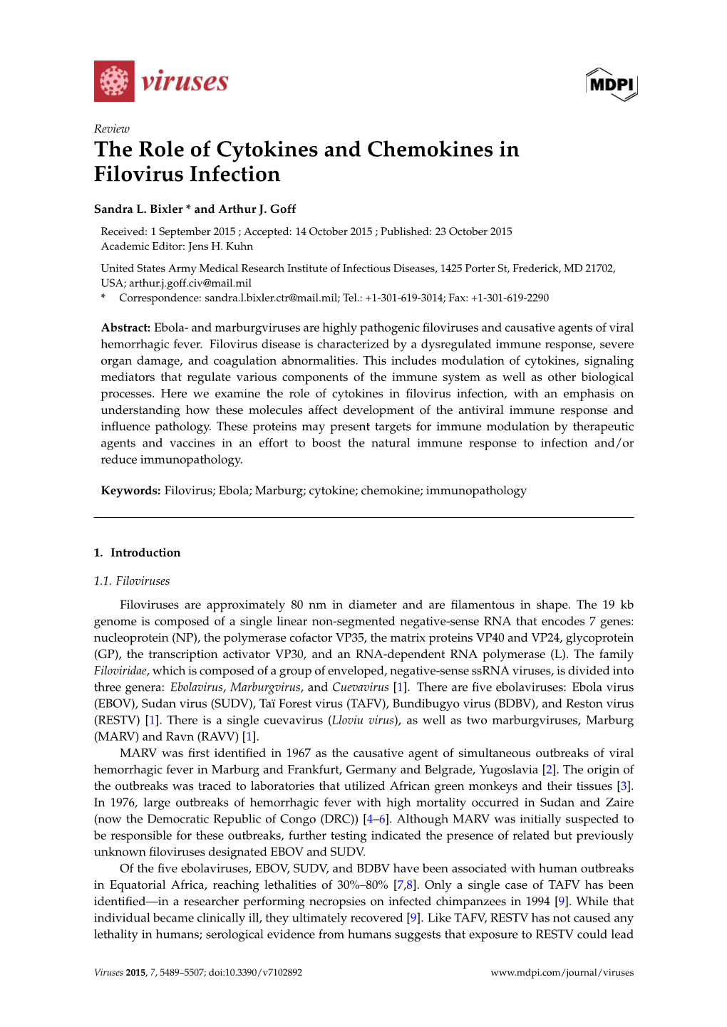 The Role of Cytokines and Chemokines in Filovirus Infection