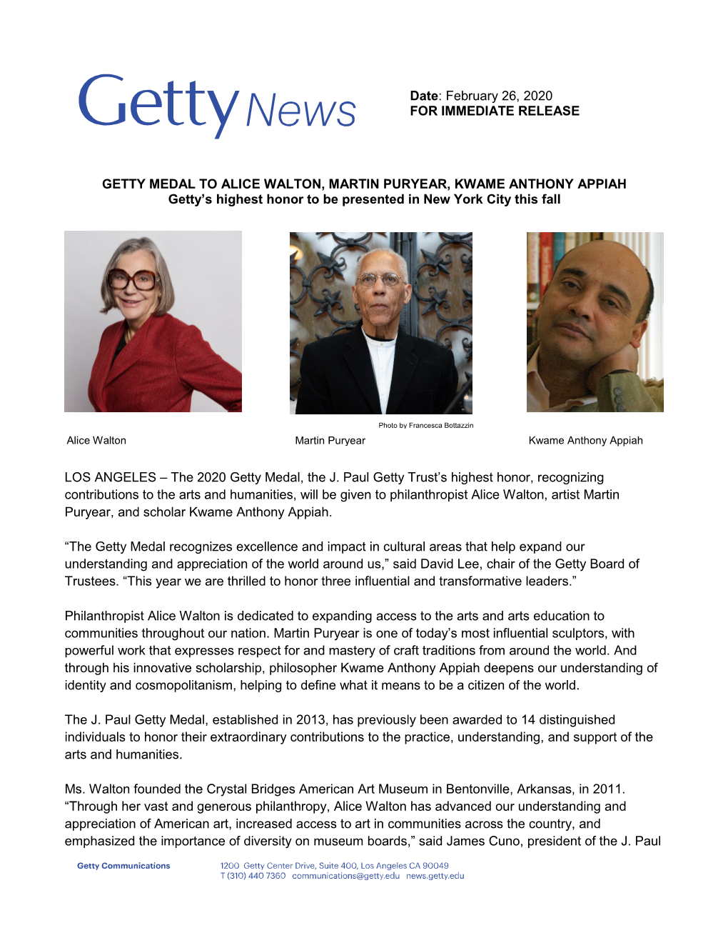 GETTY MEDAL to ALICE WALTON, MARTIN PURYEAR, KWAME ANTHONY APPIAH Getty's Highest Honor to Be Presented in New York City This