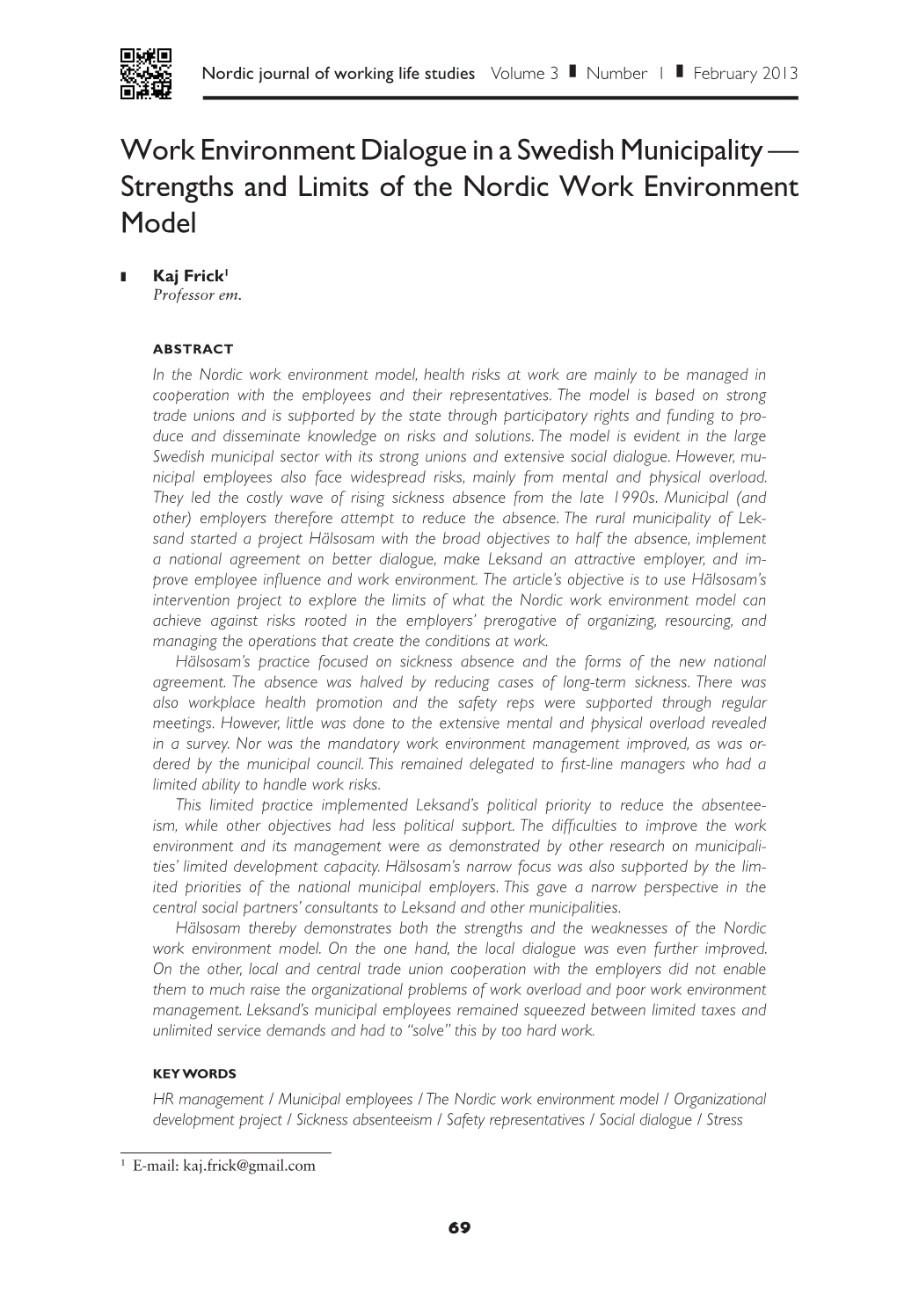 Work Environment Dialogue in a Swedish Municipality — Strengths and Limits of the Nordic Work Environment Model