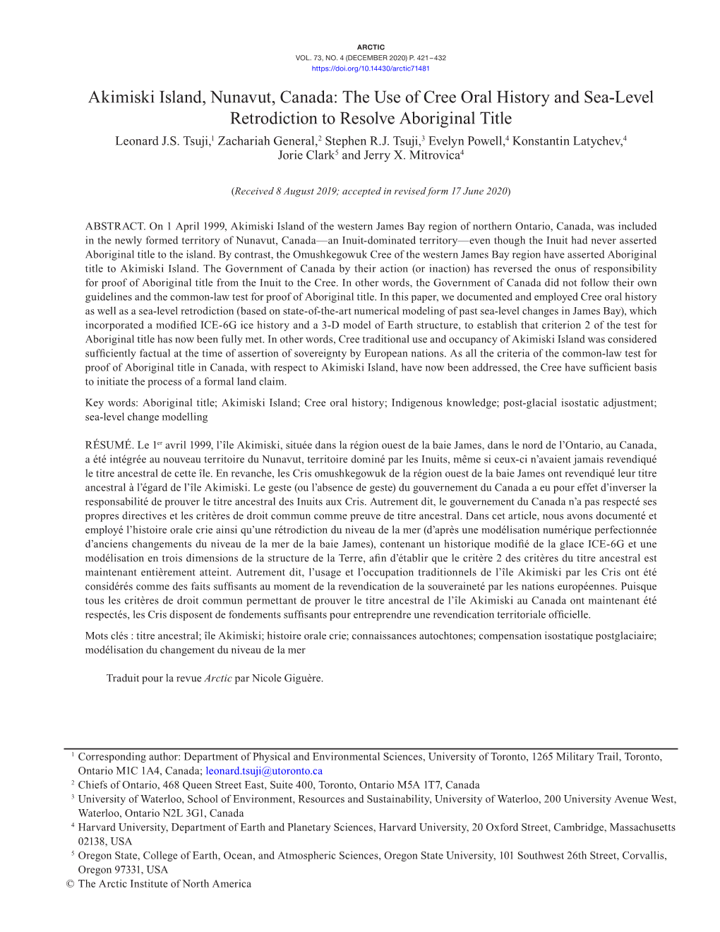 Akimiski Island, Nunavut, Canada: the Use of Cree Oral History and Sea-Level Retrodiction to Resolve Aboriginal Title Leonard J.S