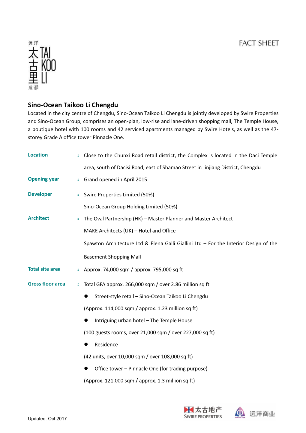 Factsheets of Sino-Ocean Taikoo Li Chengdu Factsheets