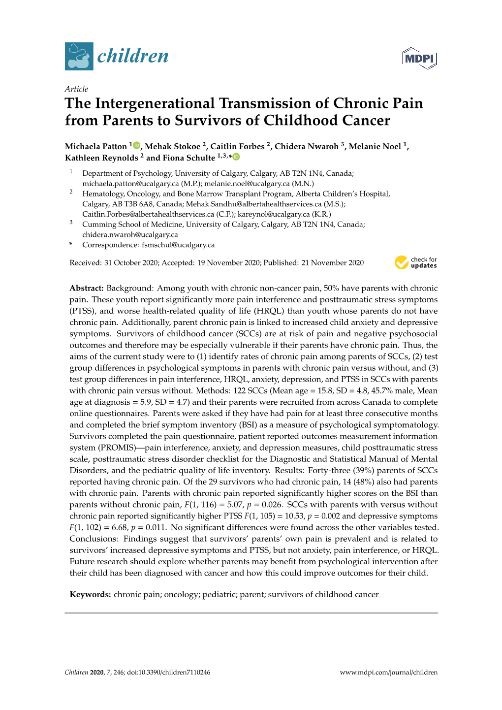 The Intergenerational Transmission of Chronic Pain from Parents to Survivors of Childhood Cancer