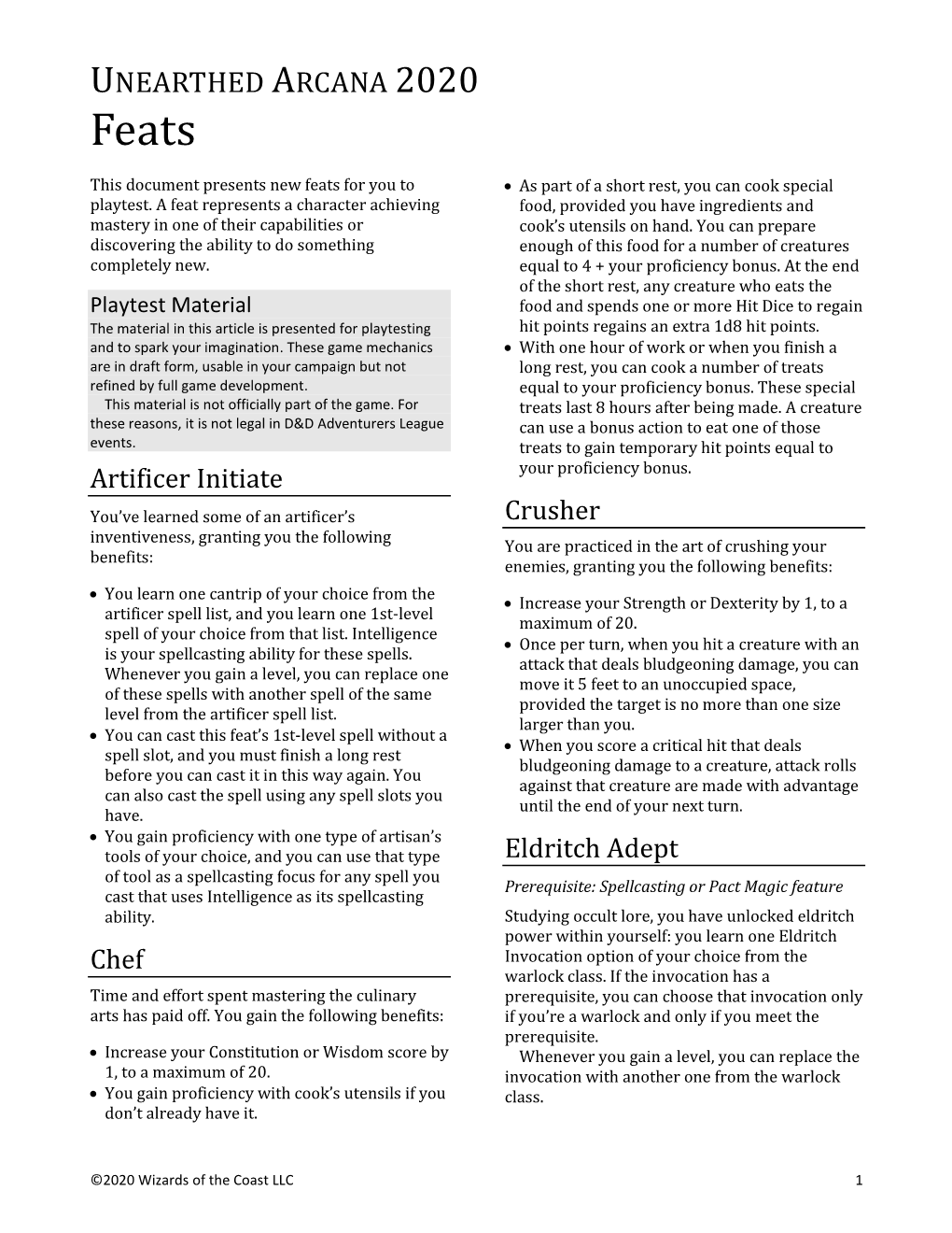 UNEARTHED ARCANA 2020 Feats