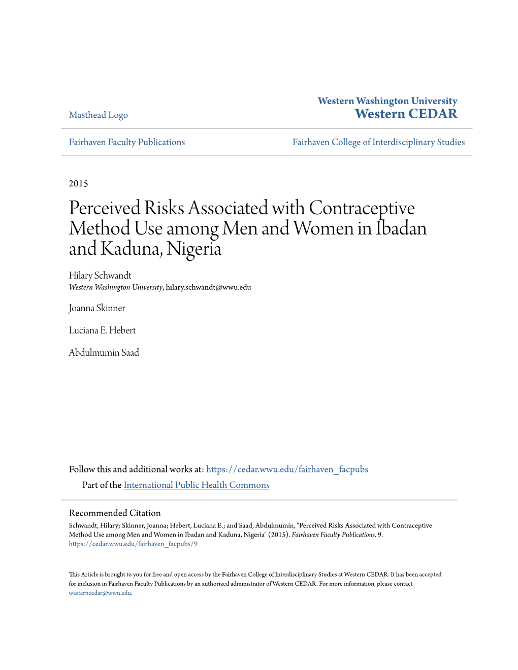 Perceived Risks Associated with Contraceptive Method Use Among