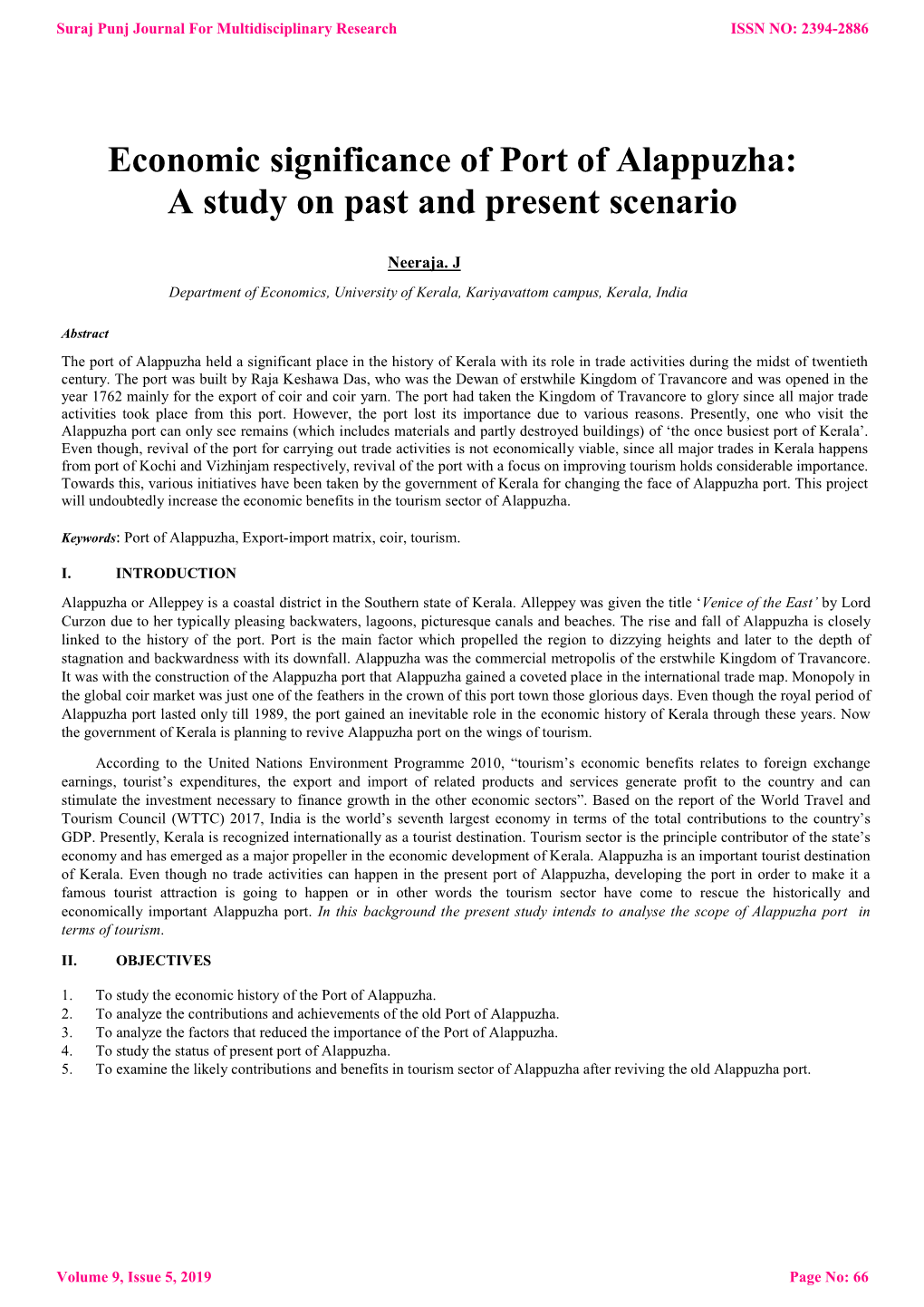 Economic Significance of Port of Alappuzha: a Study on Past and Present Scenario