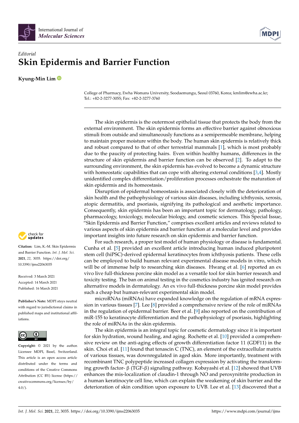 Skin Epidermis and Barrier Function