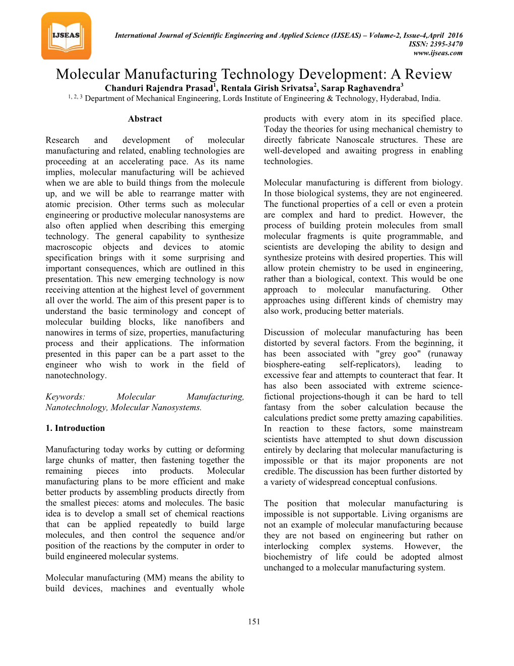 Molecular Manufacturing Technology Development