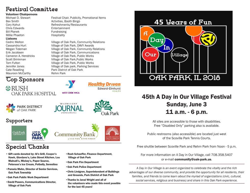 45Th a Day in Our Village Festival Sunday, June 3 11 A.M
