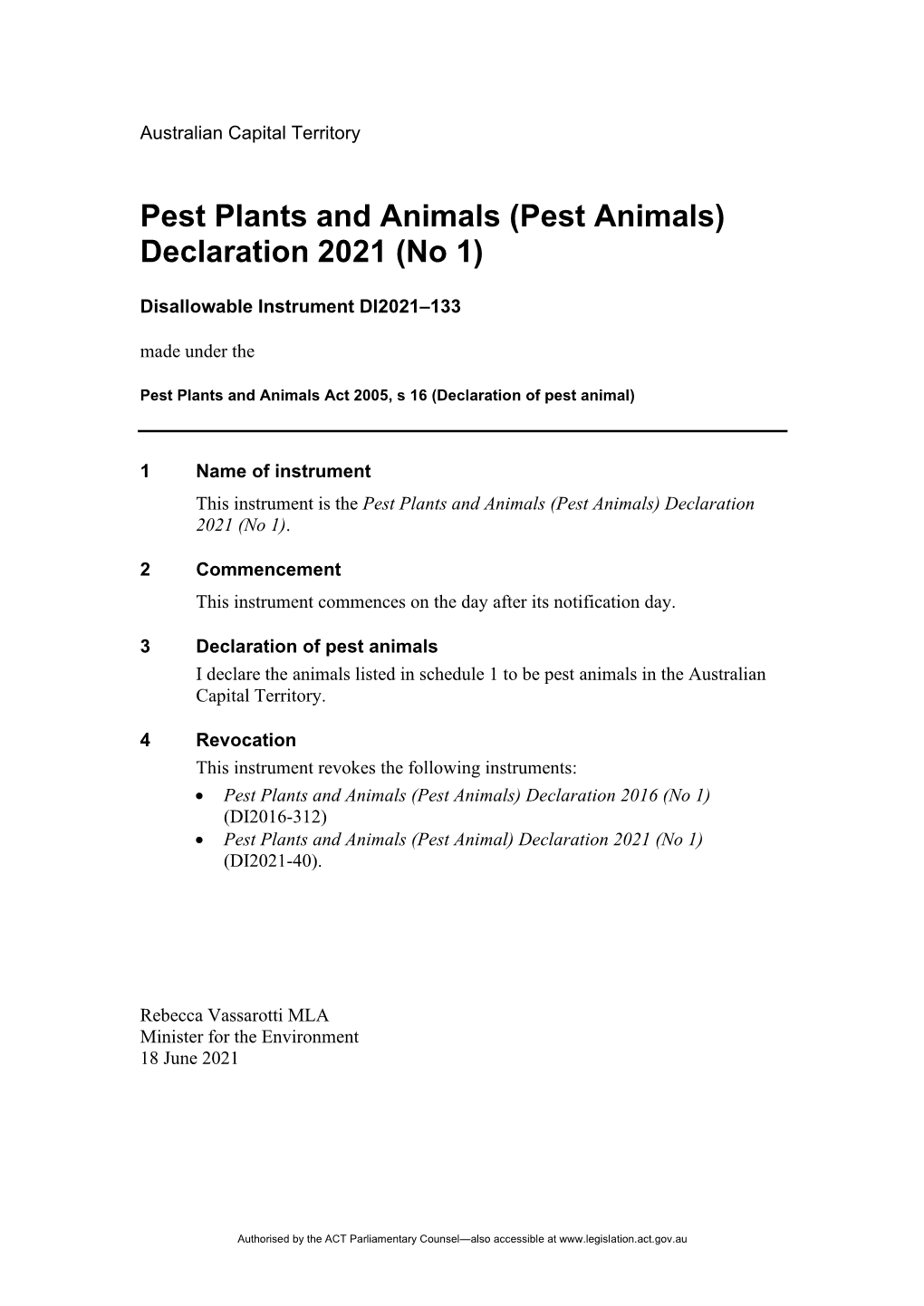 Pest Animals) Declaration 2021 (No 1)