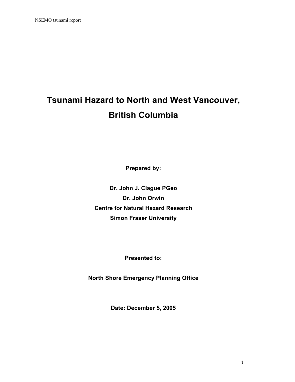 Tsunami Hazard to North and West Vancouver, British Columbia