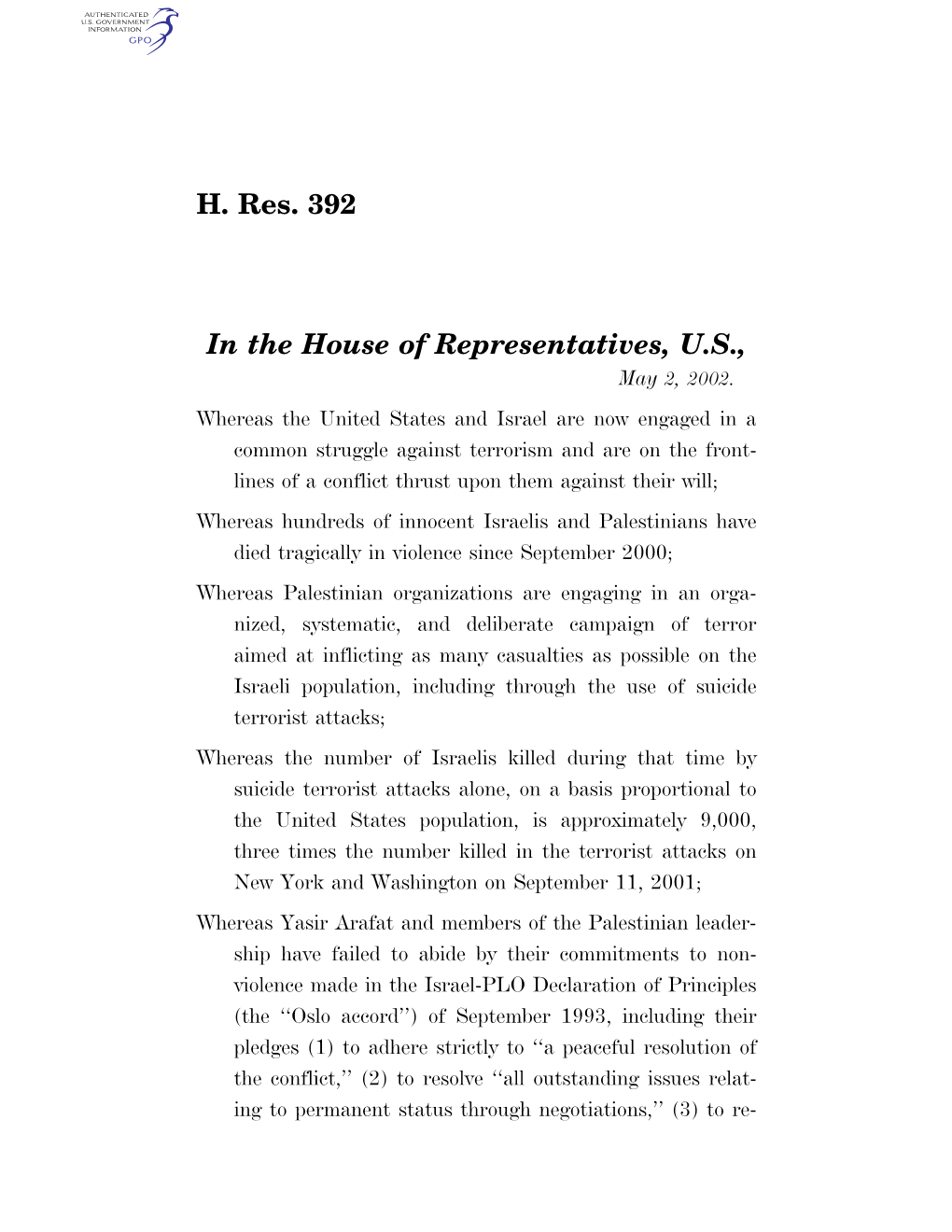 H. Res. 392 in the House of Representatives, U.S