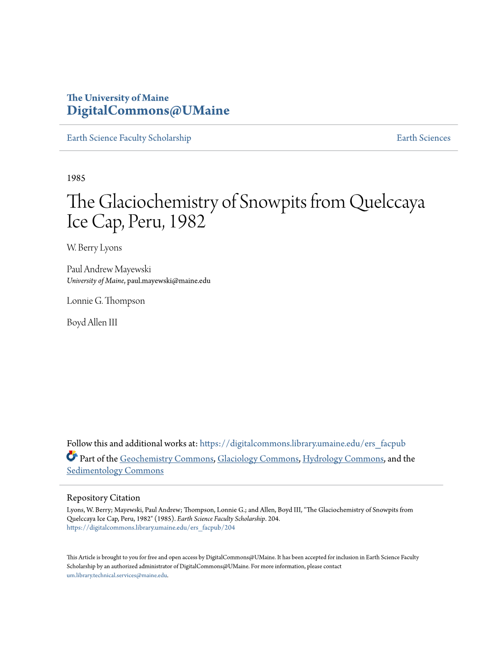 The Glaciochemistry of Snowpits from Quelccaya Ice Cap, Peru, 1982 W