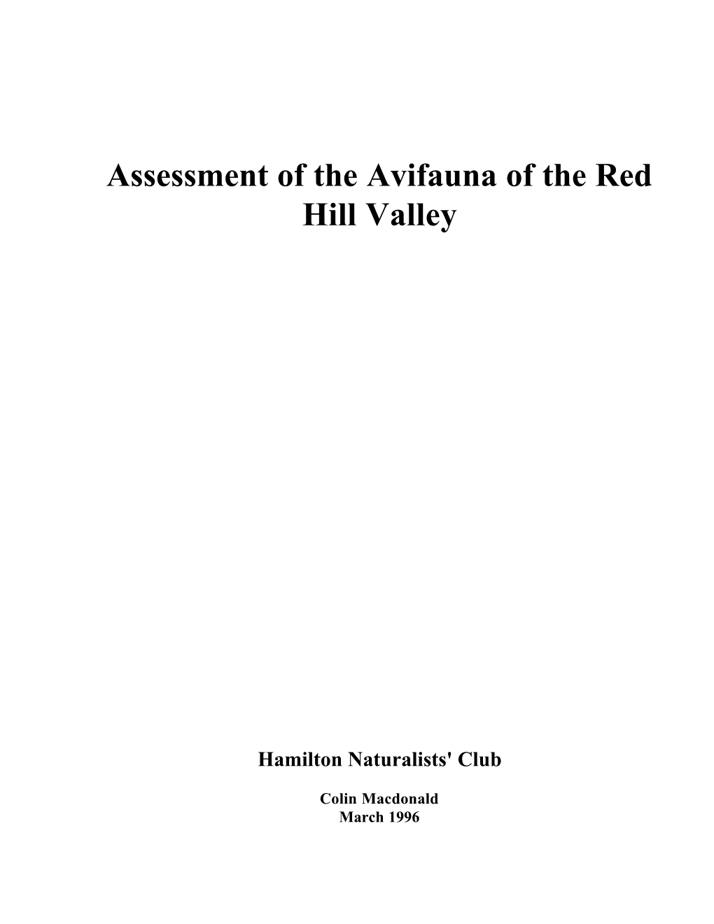 Assessment of the Avifauna of the Red Hill Valley Hamilton Naturalists' Club