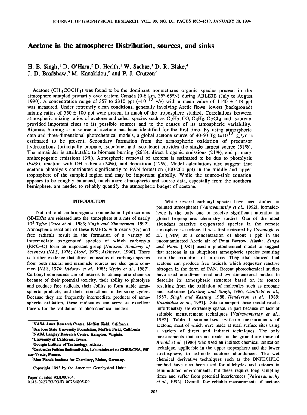 Acetone in the Atmosphere:Distribution, Sources,And Sinks