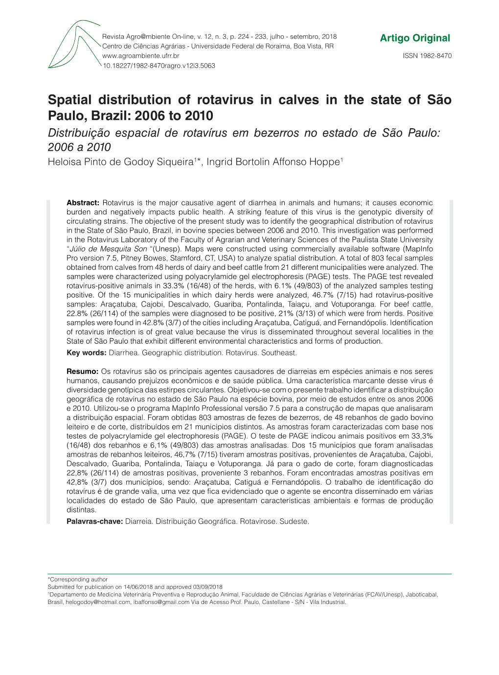 Spatial Distribution of Rotavirus in Calves in the State of São Paulo, Brazil