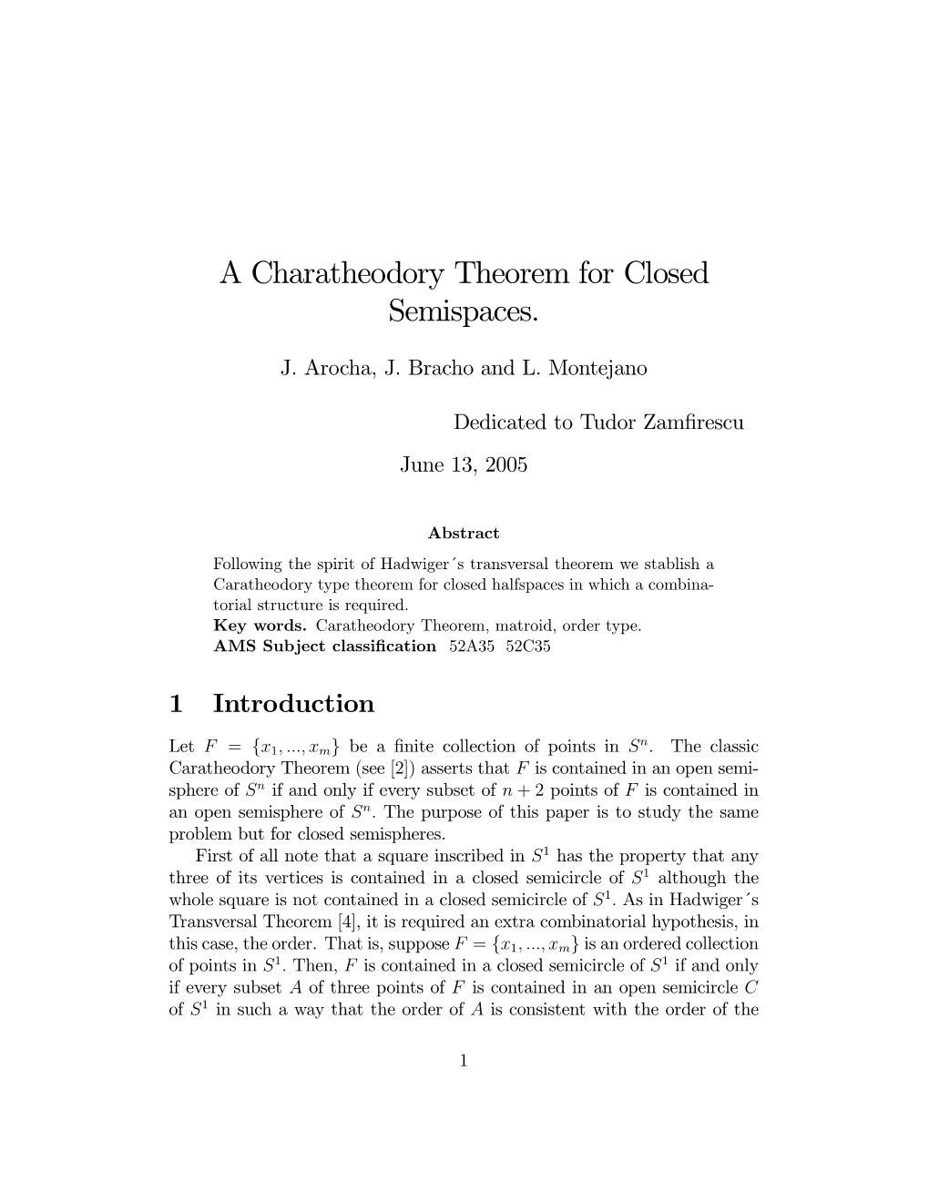 A Charatheodory Theorem for Closed Semispaces