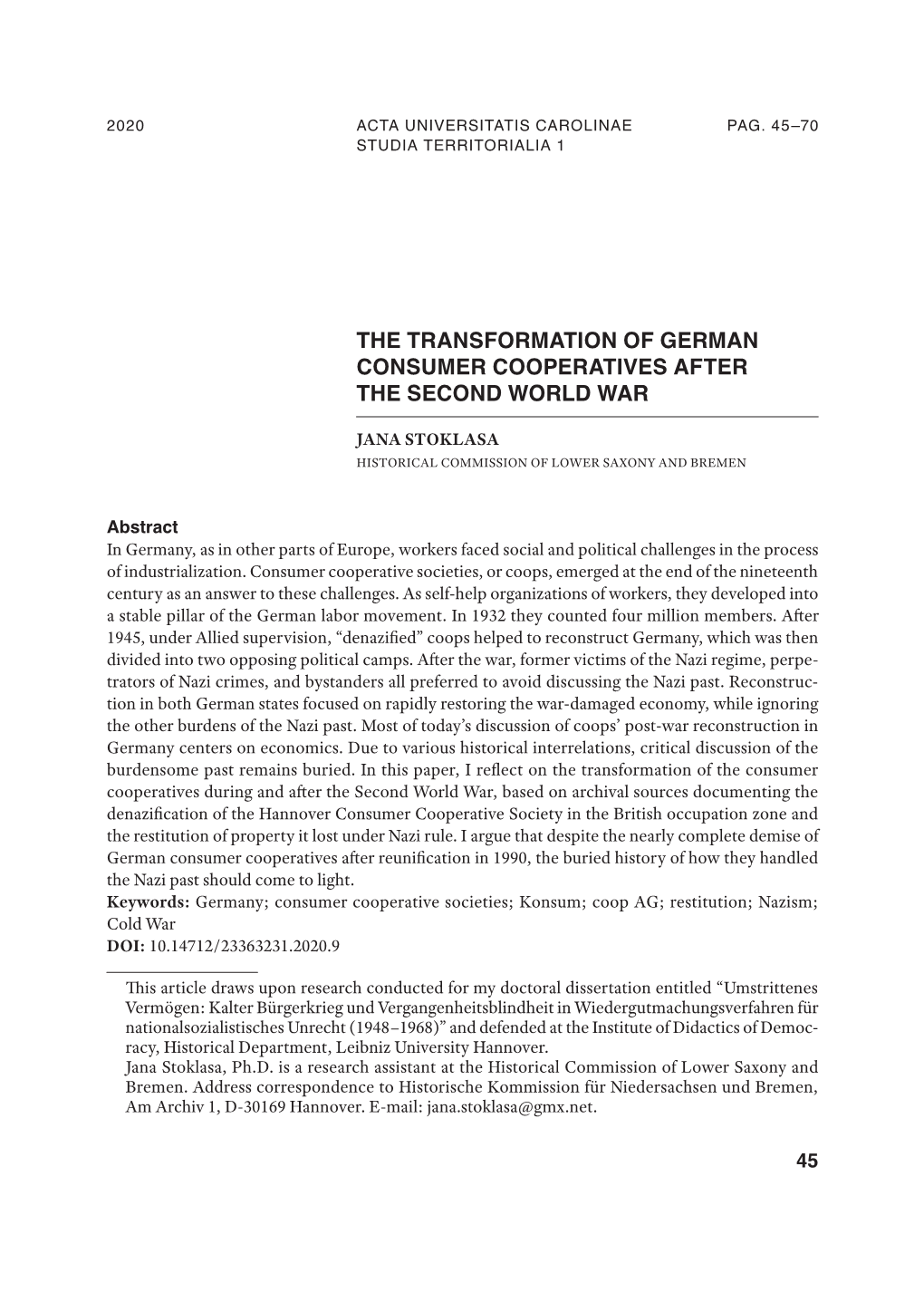 The Transformation of German Consumer Cooperatives After the Second World War