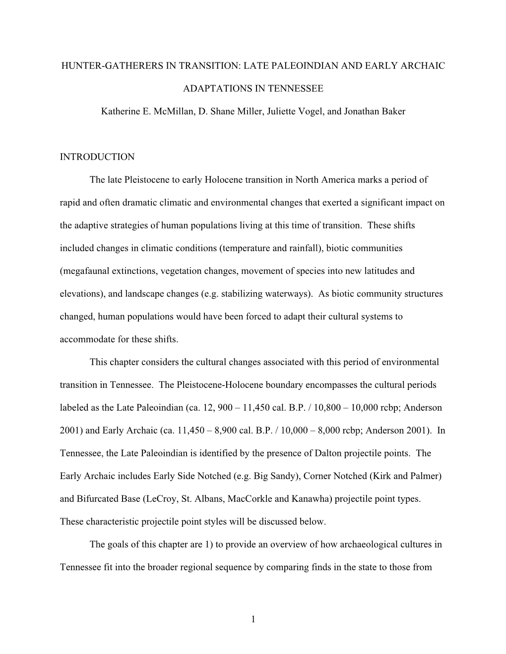 Hunter-Gatherers in Transition: Late Paleoindian and Early Archaic Adaptations in Tennessee