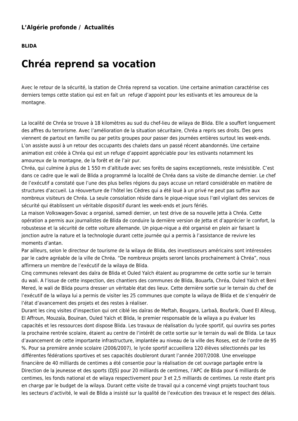 Chréa Reprend Sa Vocation