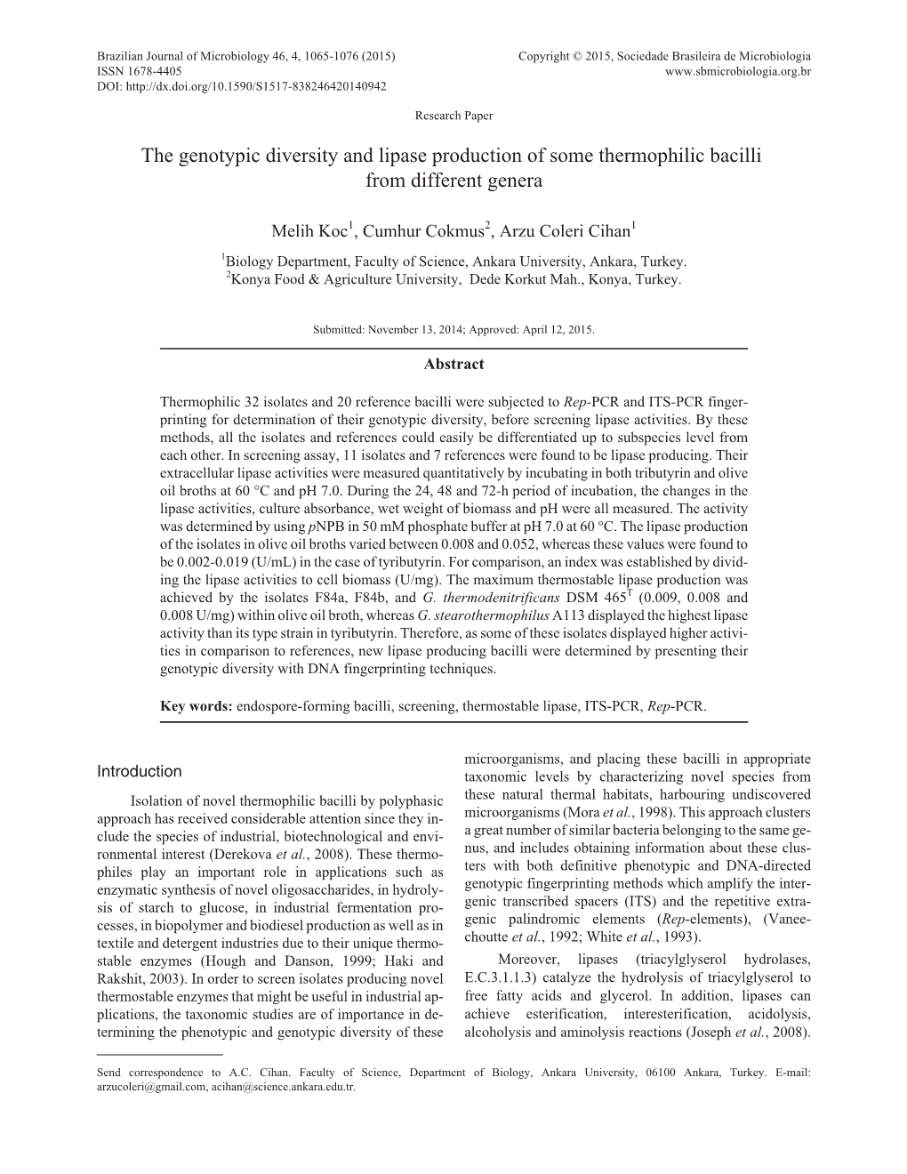 The Genotypic Diversity and Lipase Production of Some Thermophilic Bacilli from Different Genera