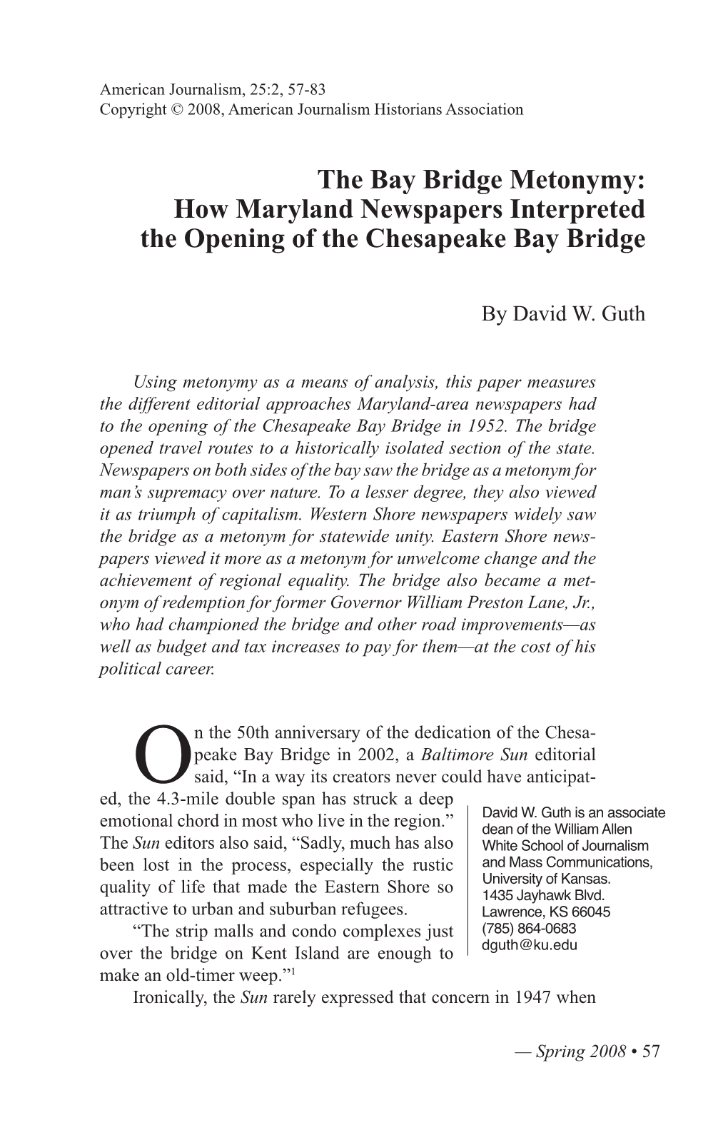 The Bay Bridge Metonymy: How Maryland Newspapers Interpreted the Opening of the Chesapeake Bay Bridge