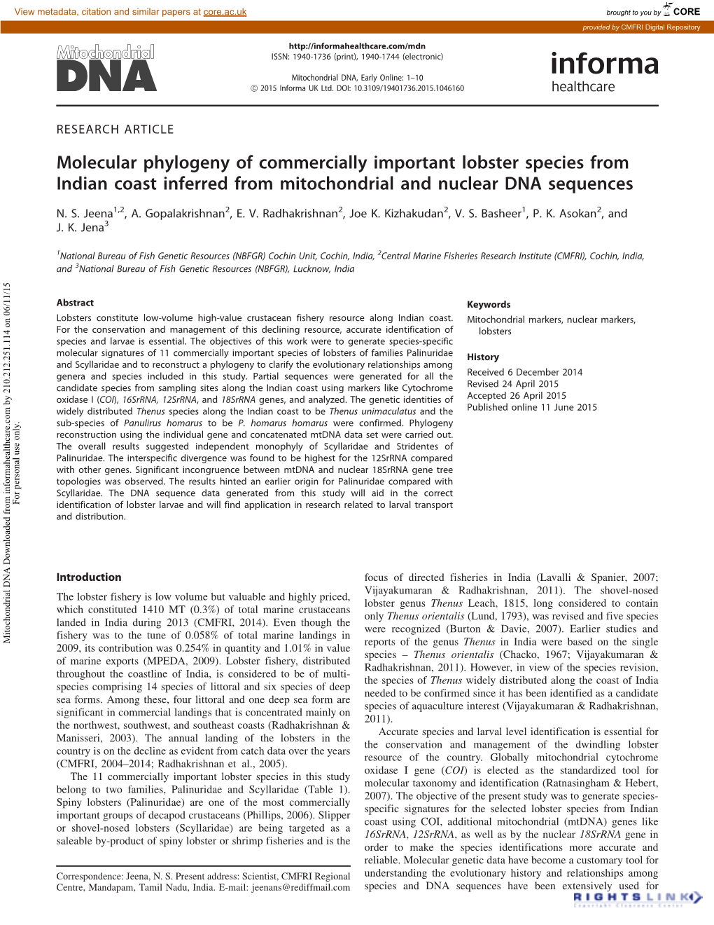 Molecular Phylogeny of Commercially Important Lobster Species from Indian Coast Inferred from Mitochondrial and Nuclear DNA Sequences