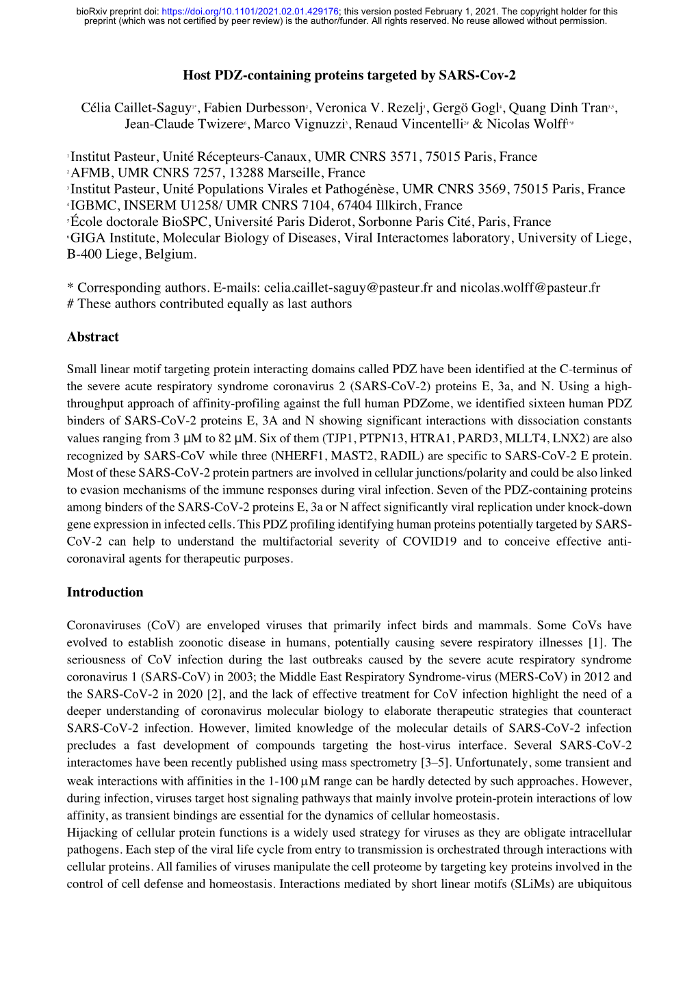 Host PDZ-Containing Proteins Targeted by SARS-Cov-2