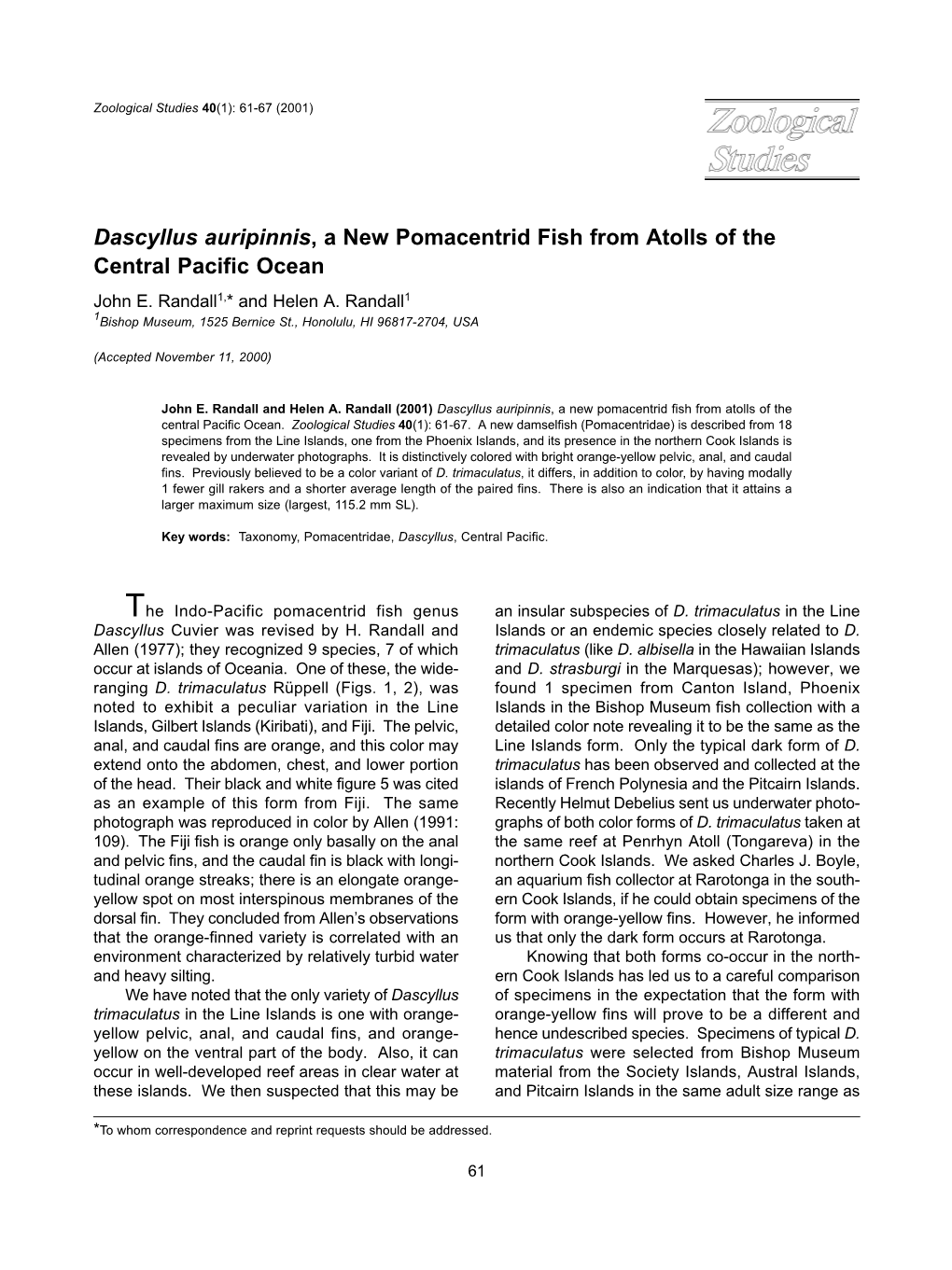 Dascyllus Auripinnis, a New Pomacentrid Fish from Atolls of the Central Pacific Ocean John E