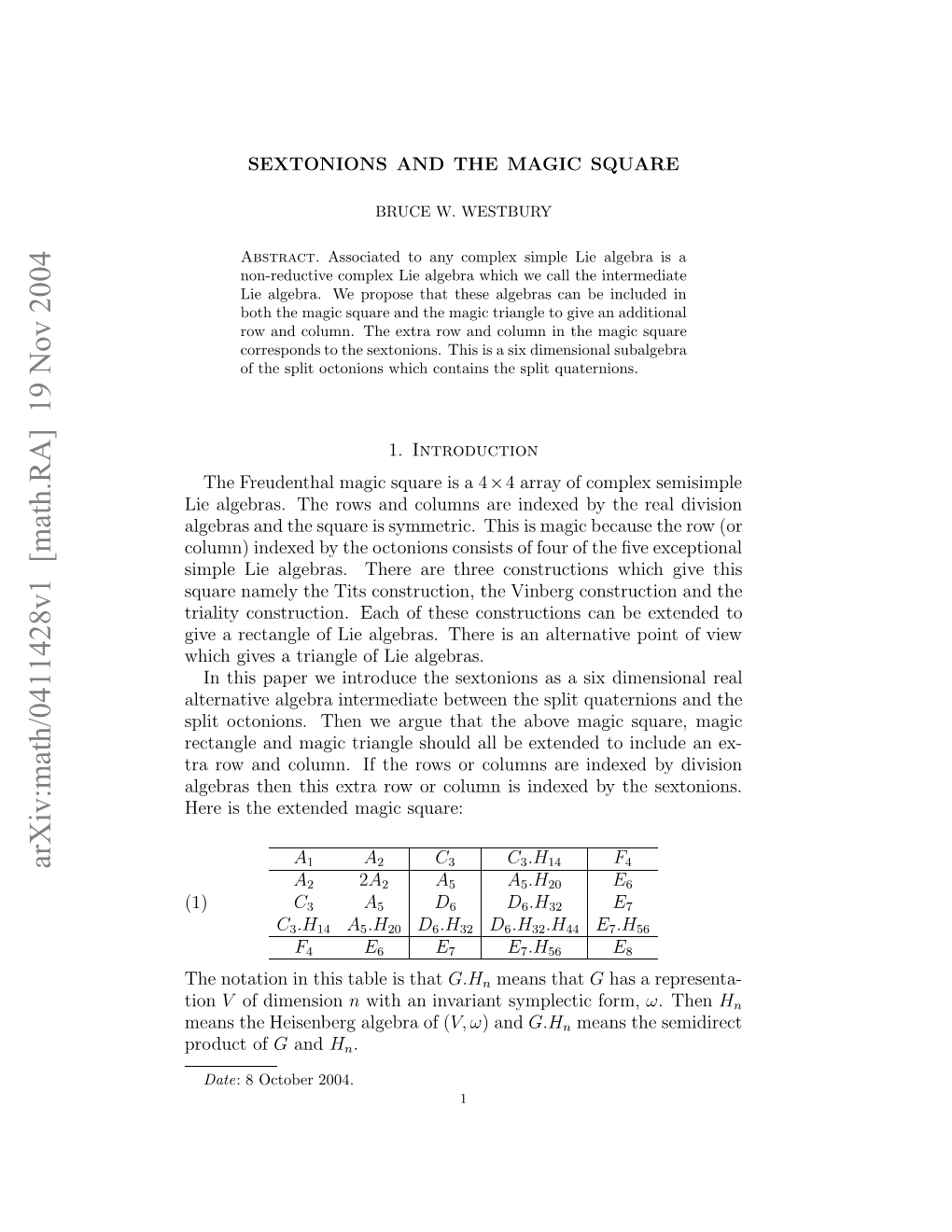 [Math.RA] 19 Nov 2004 (1) Sextonions