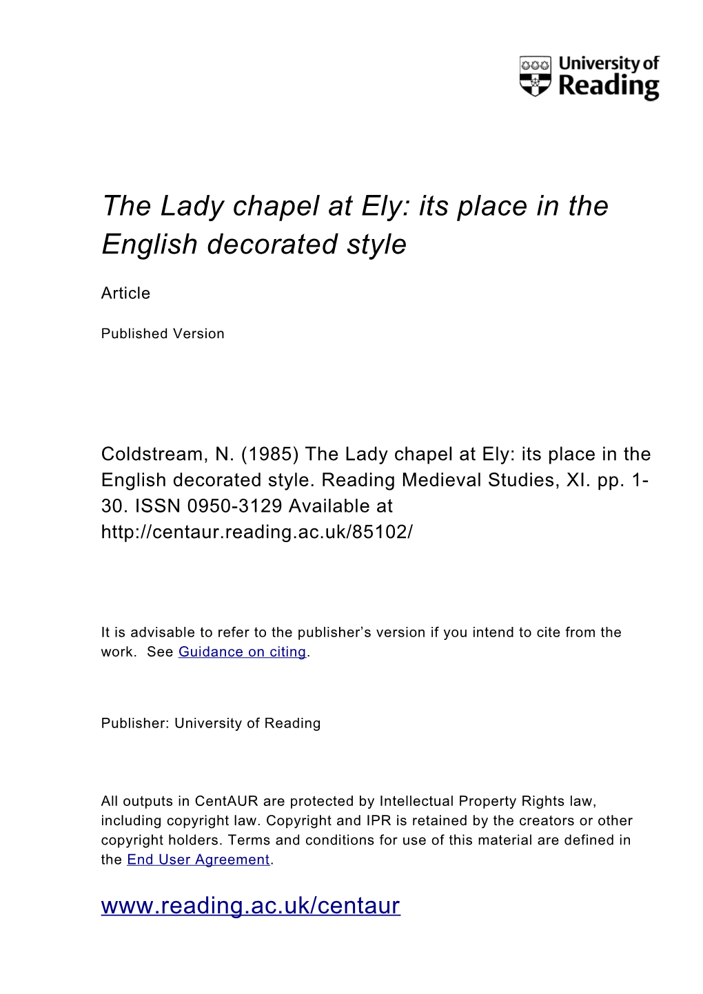 The Lady Chapel at Ely: Its Place in the English Decorated Style