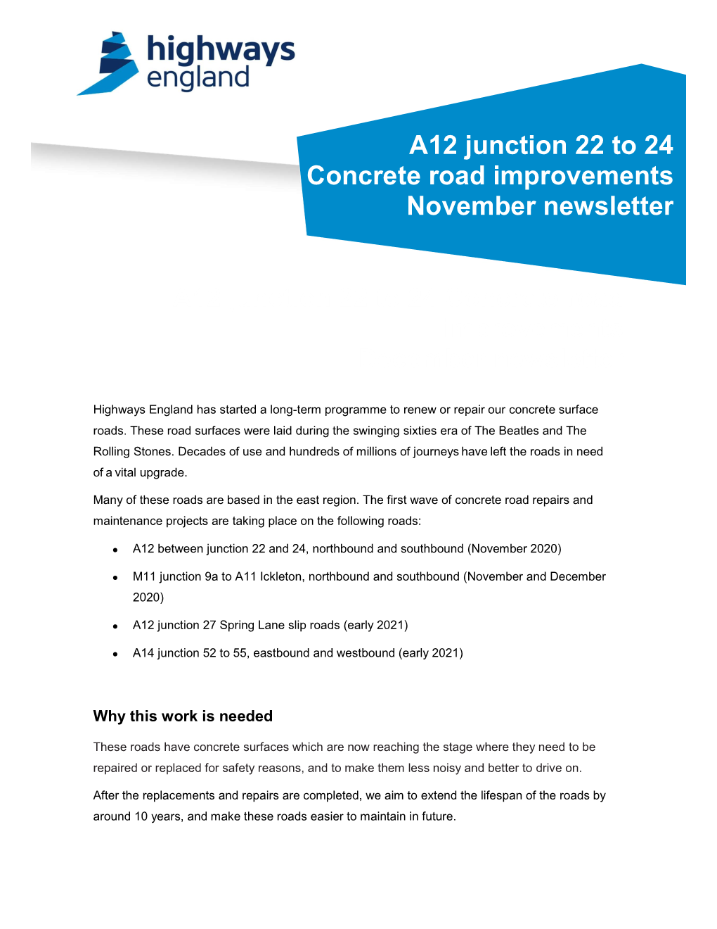 A12 Junction 22 to 24 Concrete Road Improvements December Newsletter
