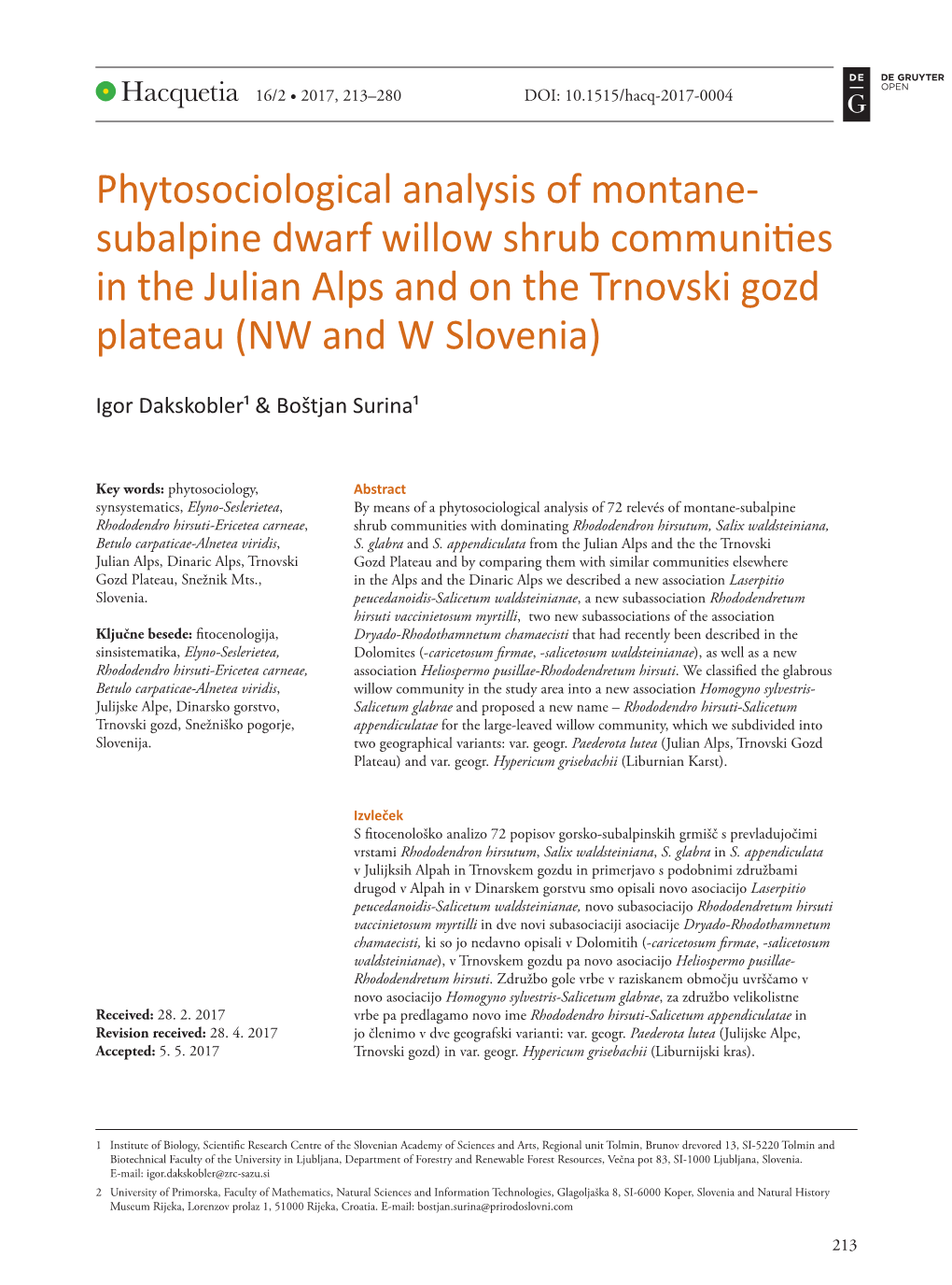 Subalpine Dwarf Willow Shrub Communities in the Julian Alps and on the Trnovski Gozd Plateau (NW and W Slovenia)