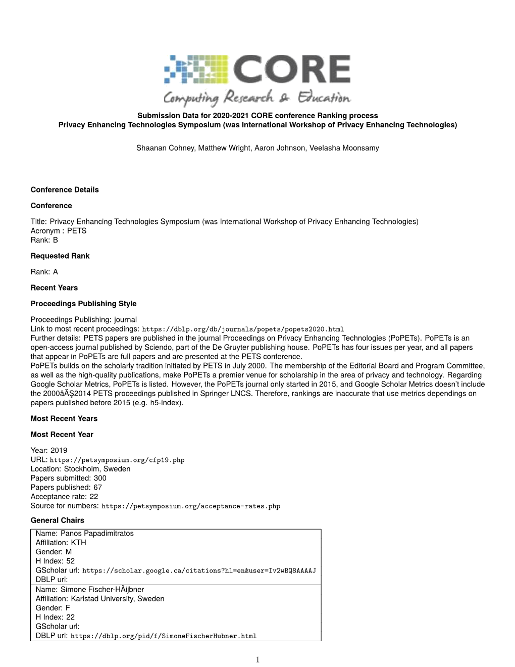 Submission Data for 2020-2021 CORE Conference Ranking Process Privacy Enhancing Technologies Symposium (Was International Workshop of Privacy Enhancing Technologies)